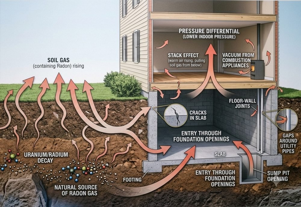 Diagram showing how radon gas enters a home from the soil through foundation cracks, floor-wall joints, sump pit openings, and gaps around utility pipes