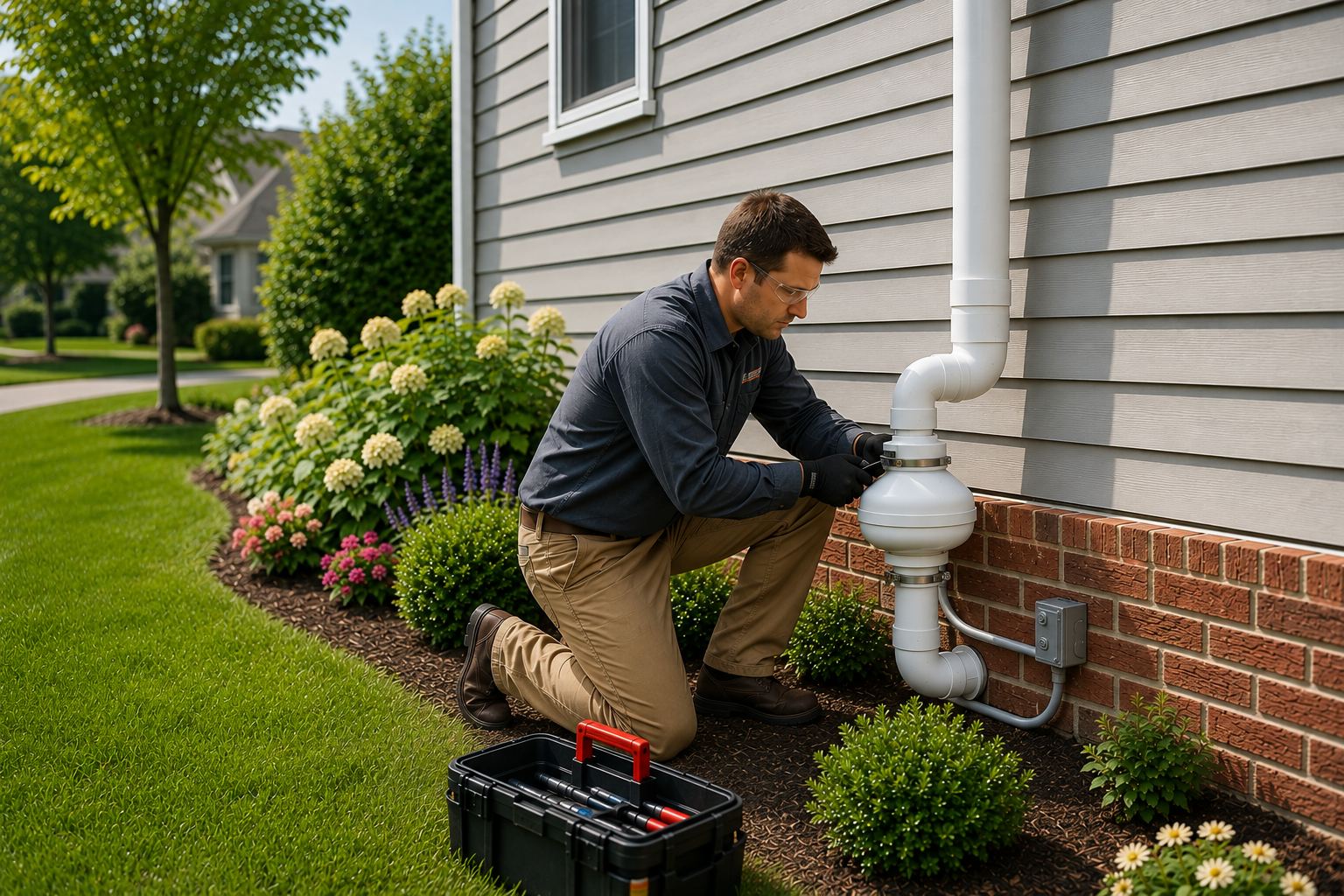 Certified professional servicing a radon mitigation system in Syracuse, NY